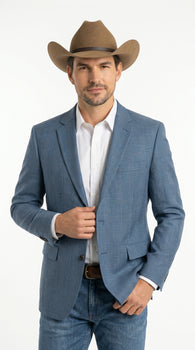 Men’s Light Blue Plaid Western Sport Coat, Business Casual Cowboy Blazer Jacket