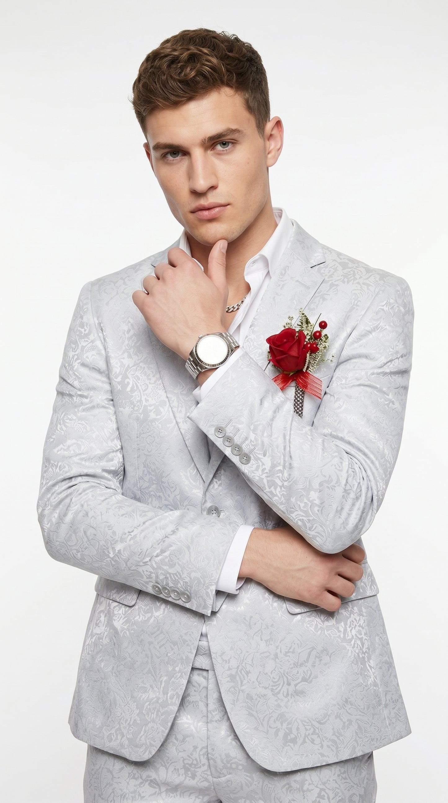 Men’s Silver Grey Shiny Paisley Graduation Suit, Formal Prom Wedding Dress Suit Modern Fit