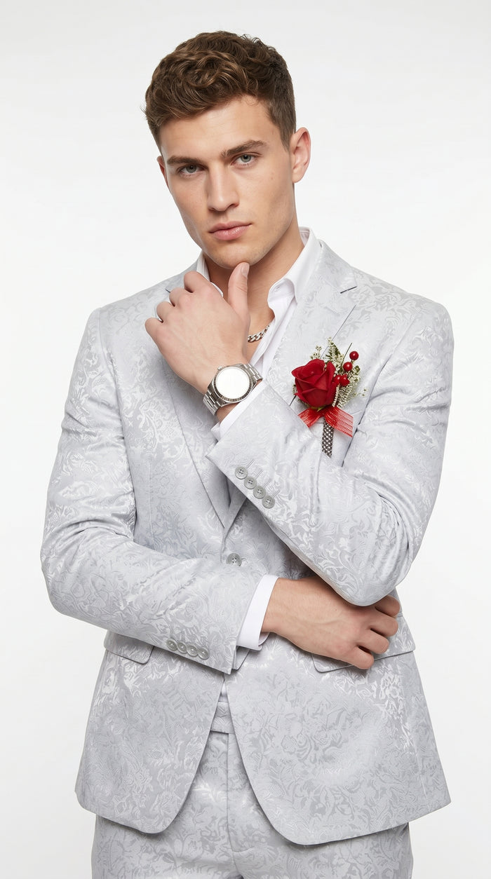 Men’s Silver Grey Shiny Paisley Graduation Suit, Formal Prom Wedding Dress Suit Modern Fit