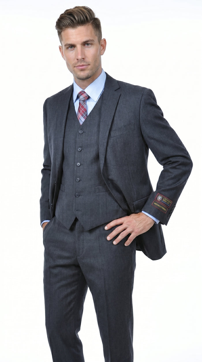 Men’s Charcoal Grey 2 Button Vested Business Suit, Formal Wedding Dress Suit