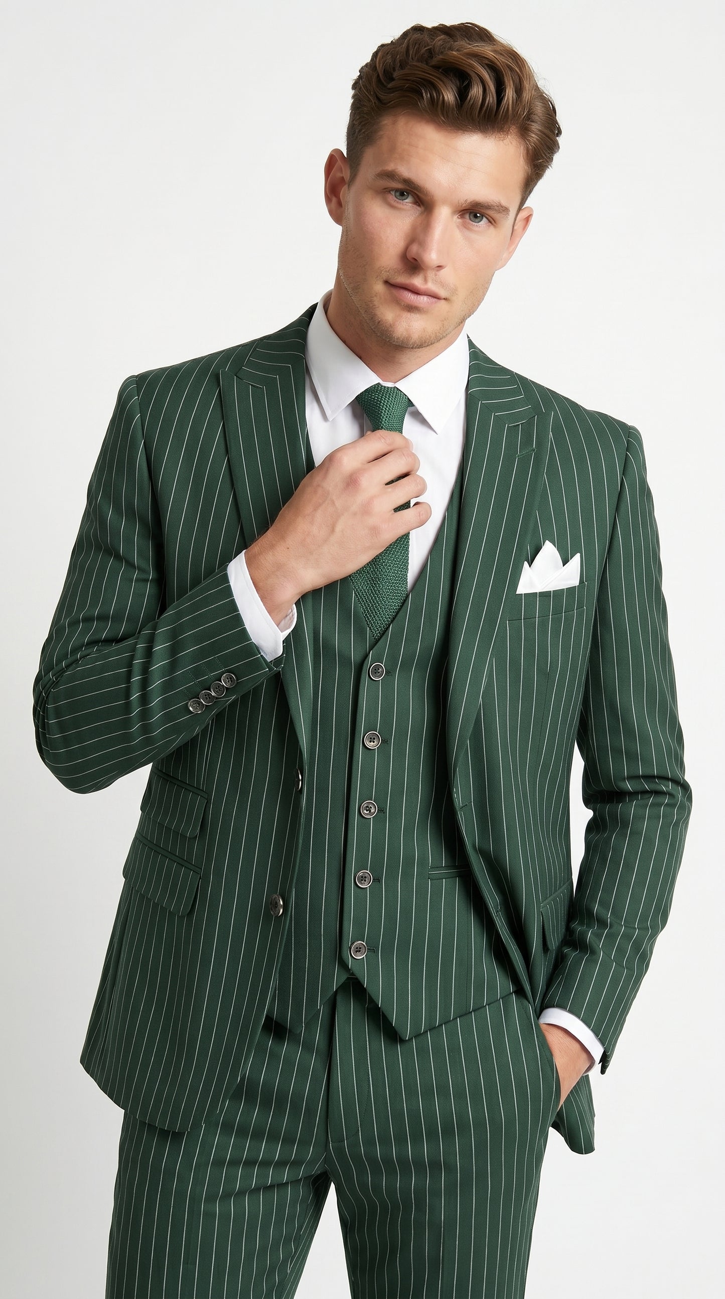 Men’s Hunter Green Great Gatsby Pinstripe 3 Piece Suit, 1920s Gangster Outfit