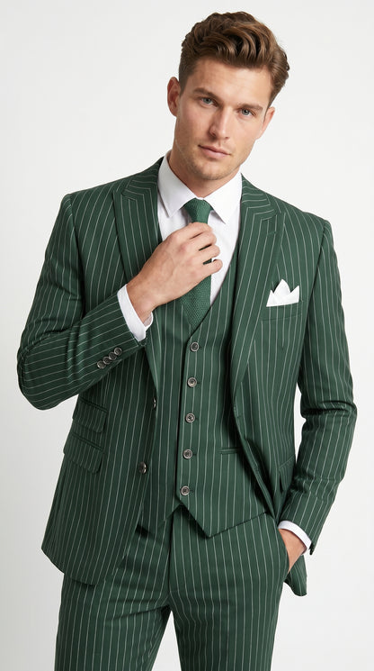 Men’s Hunter Green Great Gatsby Pinstripe 3 Piece Suit, 1920s Gangster Outfit