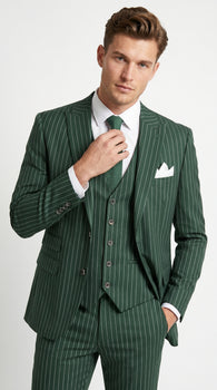Men’s Hunter Green Great Gatsby Pinstripe 3 Piece Suit, 1920s Gangster Outfit