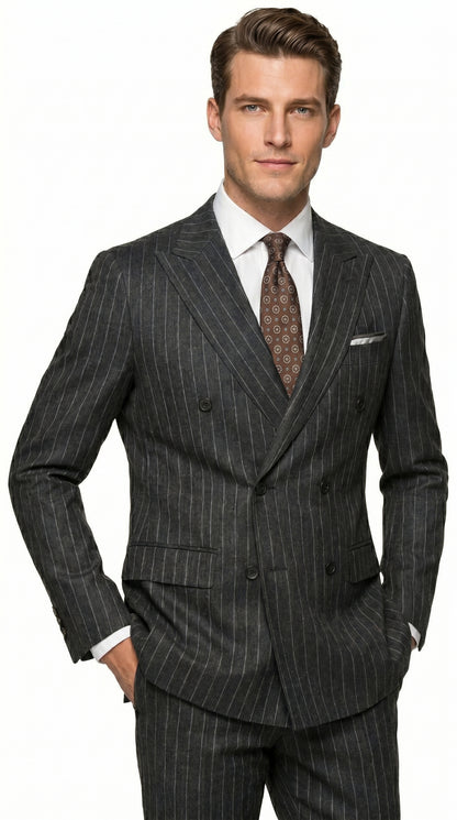 Men’s Grey Pinstripe Slim Fit Wool Suit with 2 Button Jacket and Peak Lapel