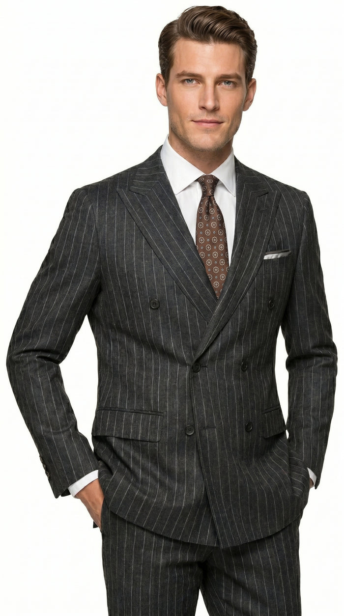Men’s Grey Pinstripe Slim Fit Wool Suit with 2 Button Jacket and Peak Lapel