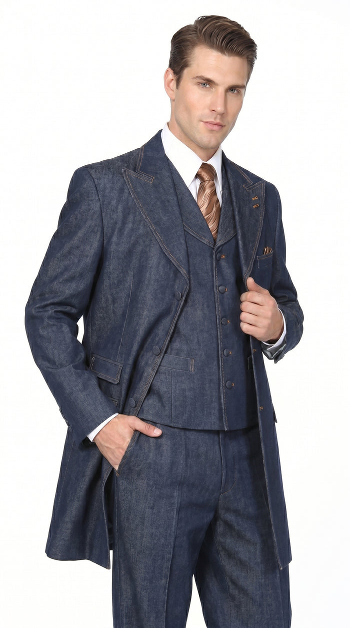 Men’s Blue Denim Zoot Suit with Long Jacket and Vest, Vintage Jeans Style Formal Outfit