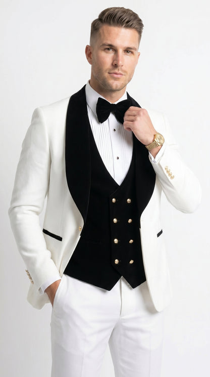 Men’s White and Black Wedding Tuxedo with Black Double Breasted Vest, Groom Prom Suit