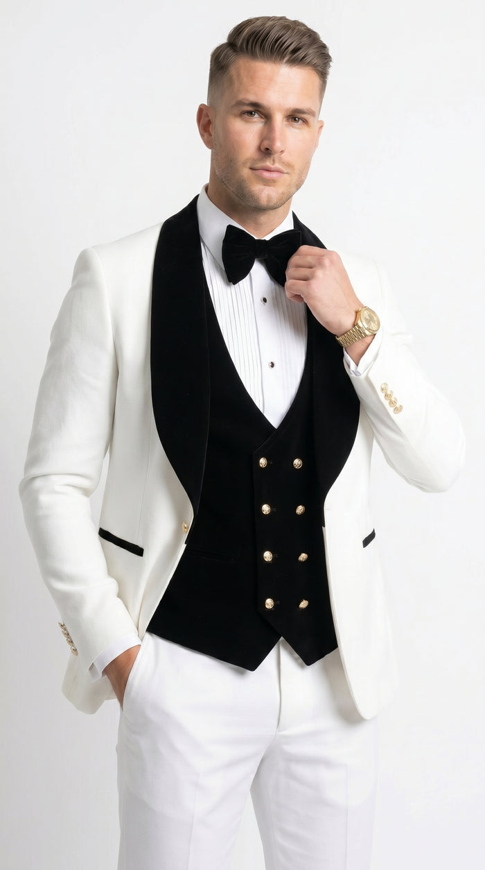 Men’s White and Black Wedding Tuxedo with Black Double Breasted Vest, Groom Prom Suit