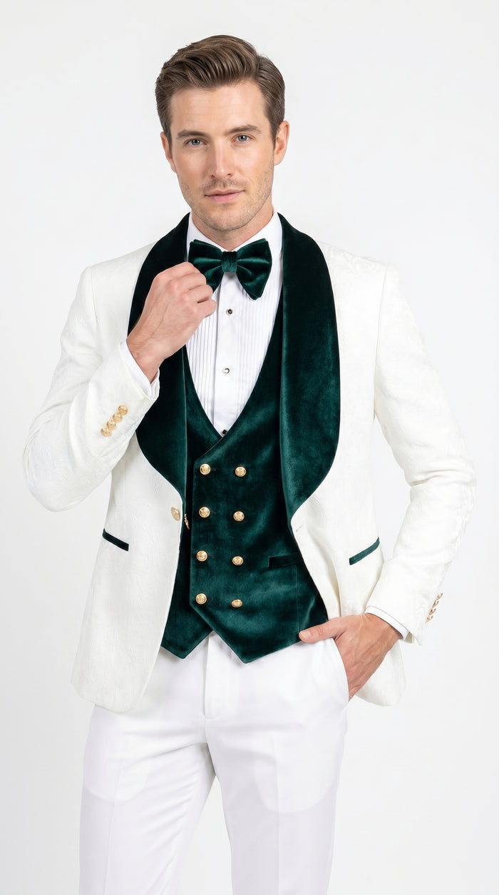 Men’s White and Dark Green Wedding Tuxedo with Double Breasted Vest, Wool Groom Prom Suit