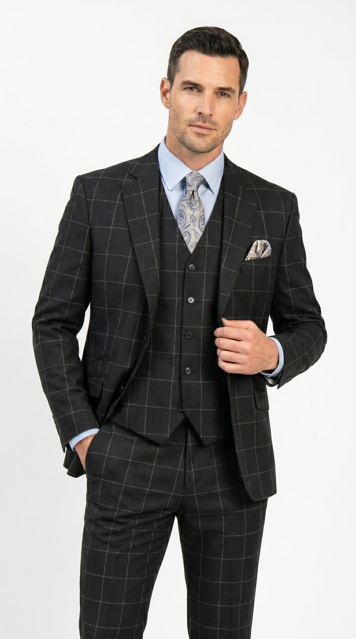 Men’s Black Windowpane Plaid 3 Piece Suit, 1920s Inspired Formal Dress Suit