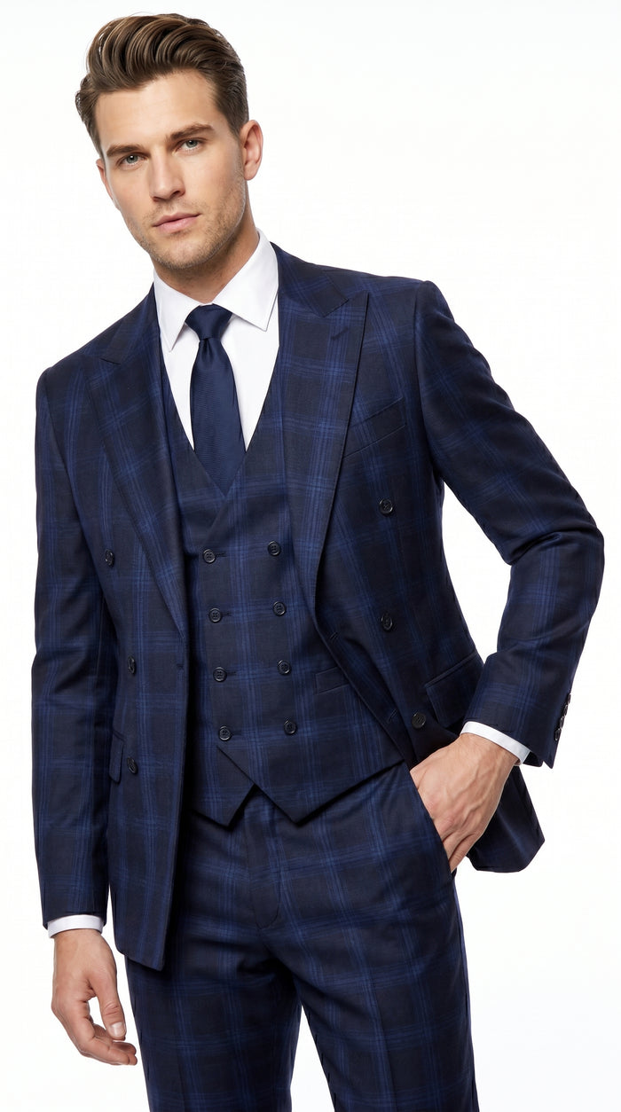 Men’s Indigo Sapphire Blue Plaid 3 Piece Suit with Double Breasted Vest, Slim Fit Windowpane Suit