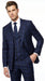 Men’s Indigo Sapphire Blue Plaid 3 Piece Suit with Double Breasted Vest, Slim Fit Windowpane Suit