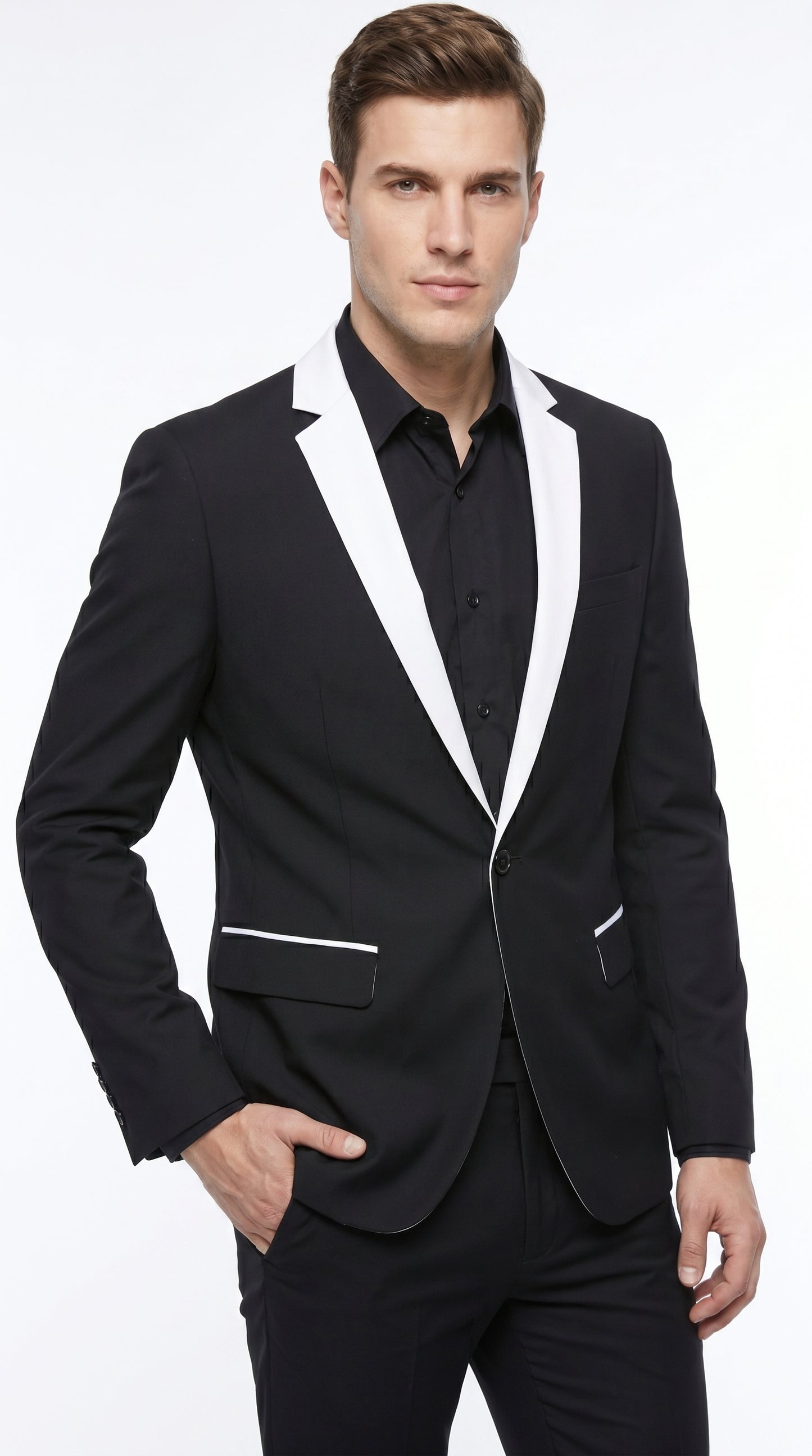 Men’s Black and White Blazer with Shawl Lapel, Dress Casual Formal Sport Coat