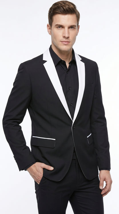 Men’s Black and White Blazer with Shawl Lapel, Dress Casual Formal Sport Coat