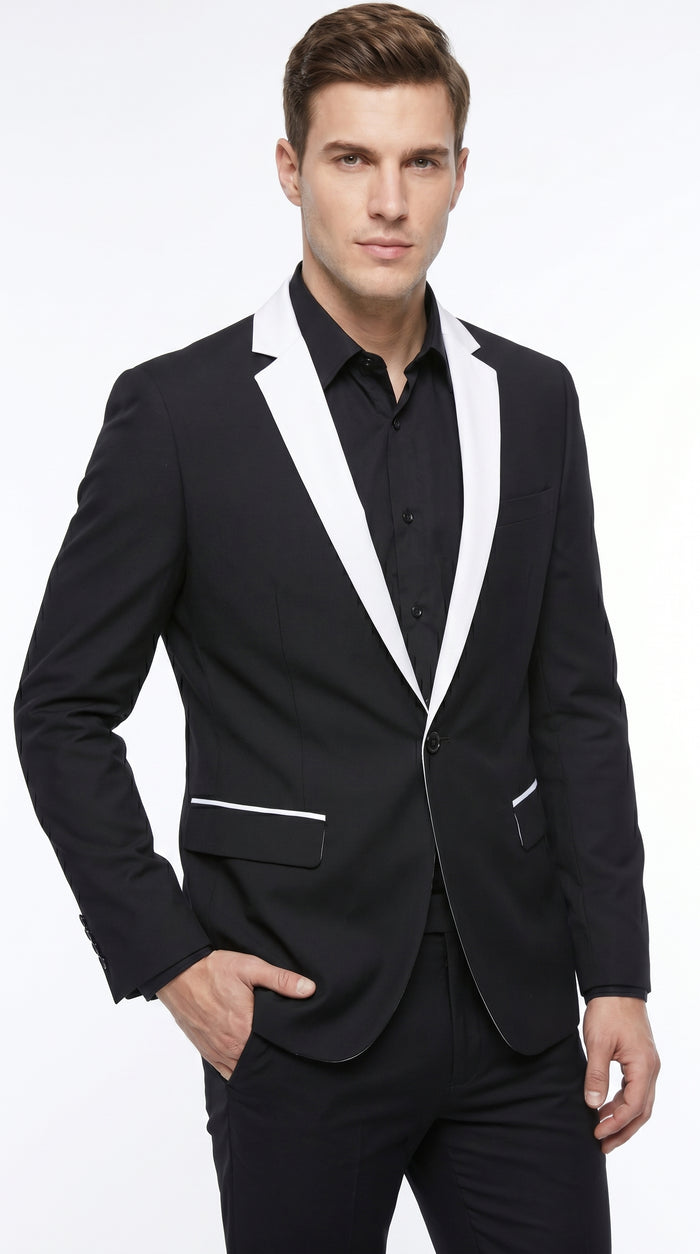 Men’s Black and White Blazer with Shawl Lapel, Dress Casual Formal Sport Coat