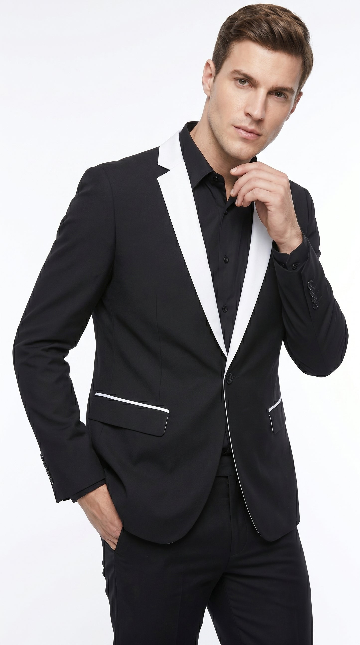 Men’s Black and White Blazer with Shawl Lapel, Dress Casual Formal Sport Coat