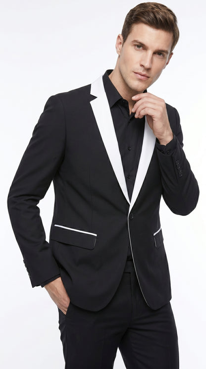 Men’s Black and White Blazer with Shawl Lapel, Dress Casual Formal Sport Coat