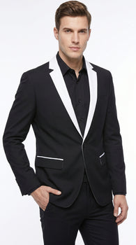 Men’s Black and White Blazer with Shawl Lapel, Dress Casual Formal Sport Coat