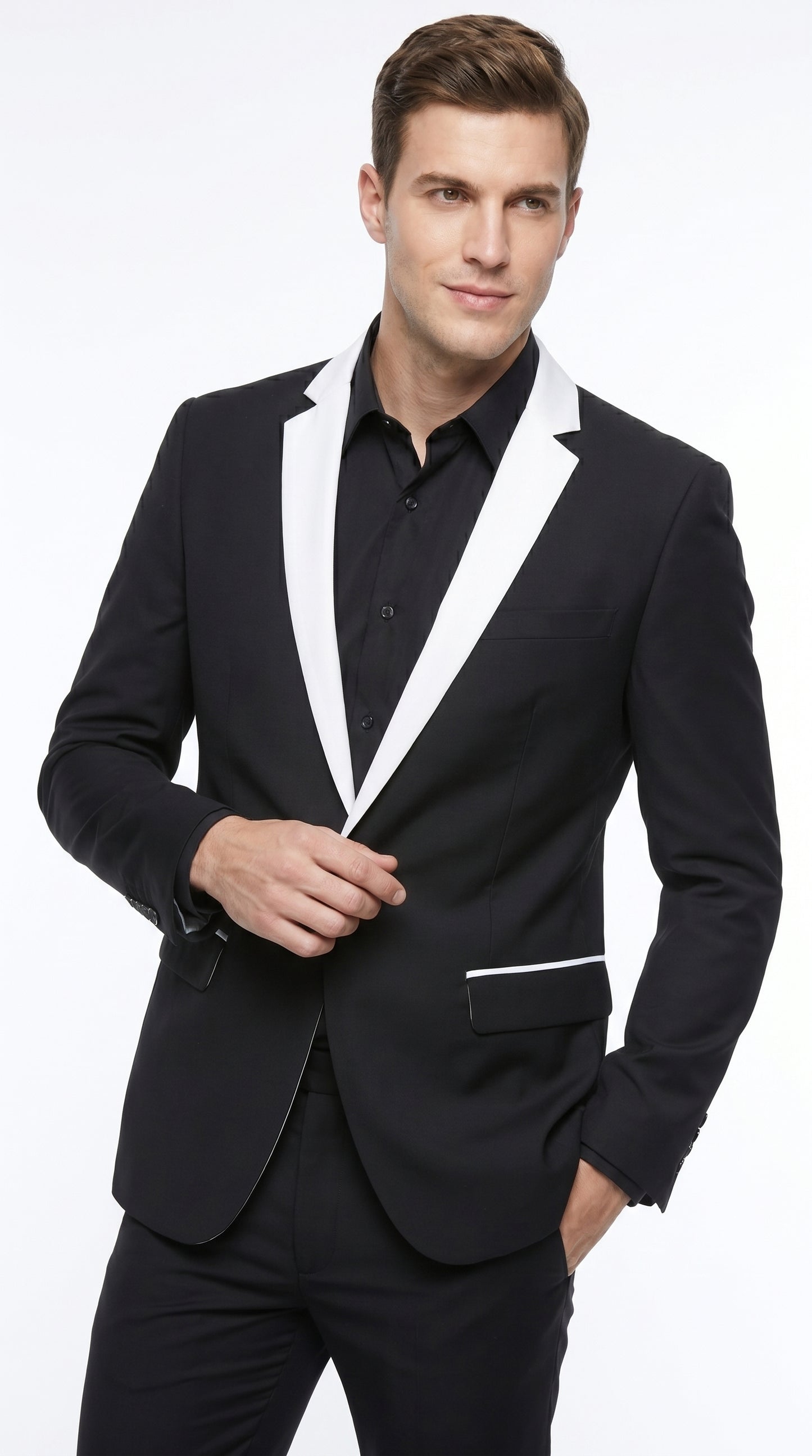 Men’s Black and White Blazer with Shawl Lapel, Dress Casual Formal Sport Coat