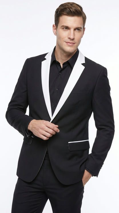 Men’s Black and White Blazer with Shawl Lapel, Dress Casual Formal Sport Coat