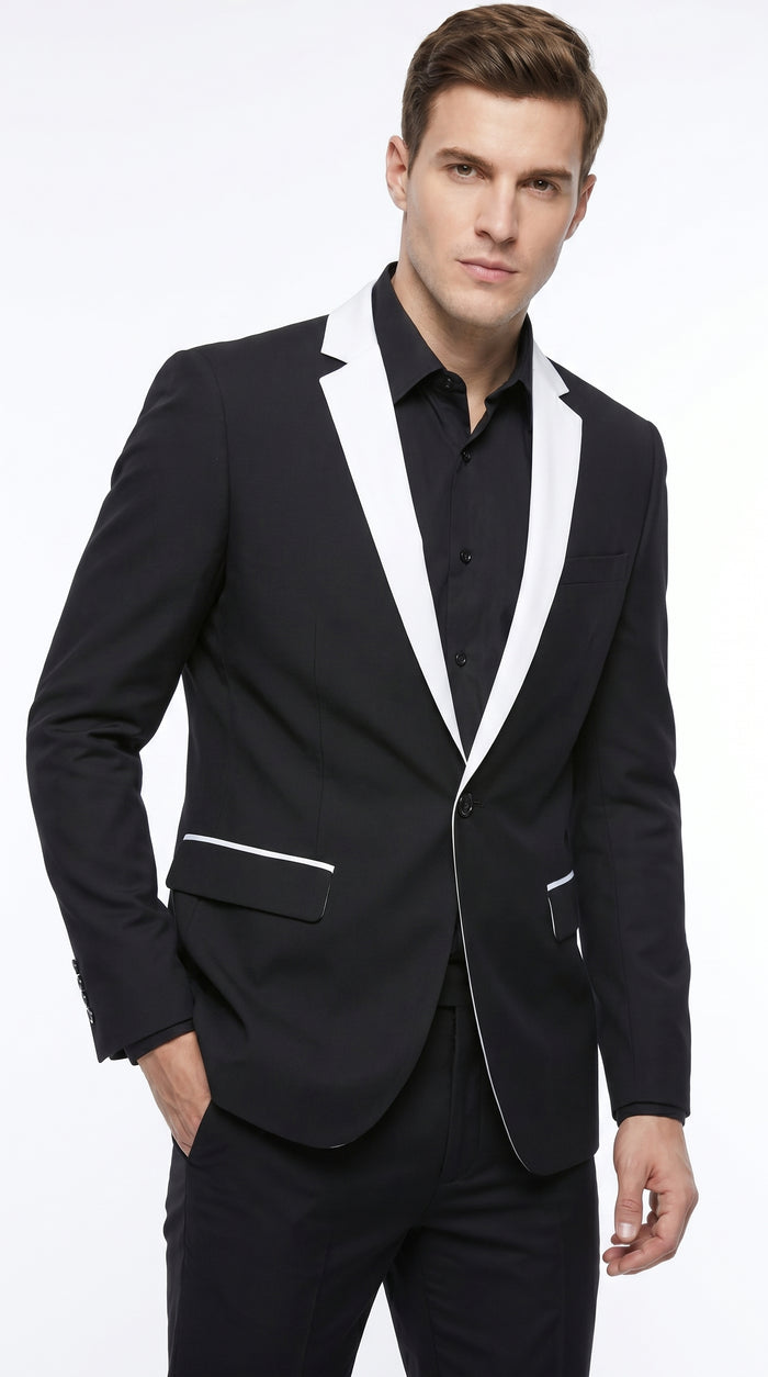 Men’s Black and White Blazer with Shawl Lapel, Dress Casual Formal Sport Coat