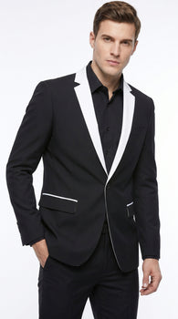 Men’s Black and White Blazer with Shawl Lapel, Dress Casual Formal Sport Coat