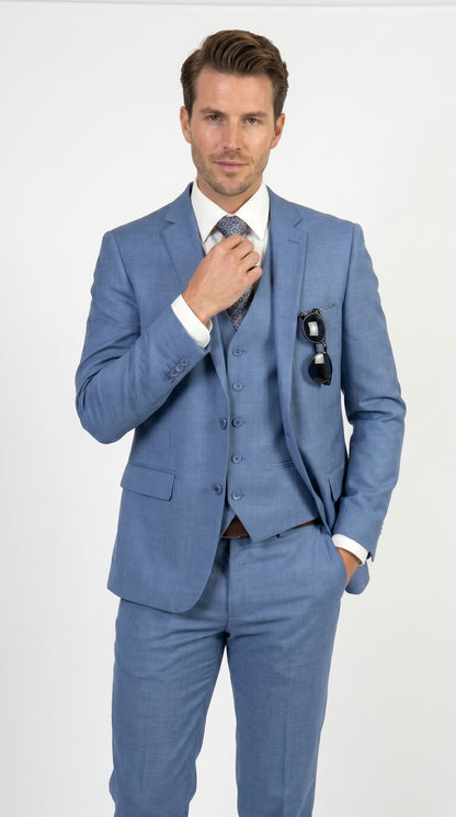 Men’s Ice Blue 3 Piece Suit with Vest, Formal Wedding Prom Dress Suit Modern Fit