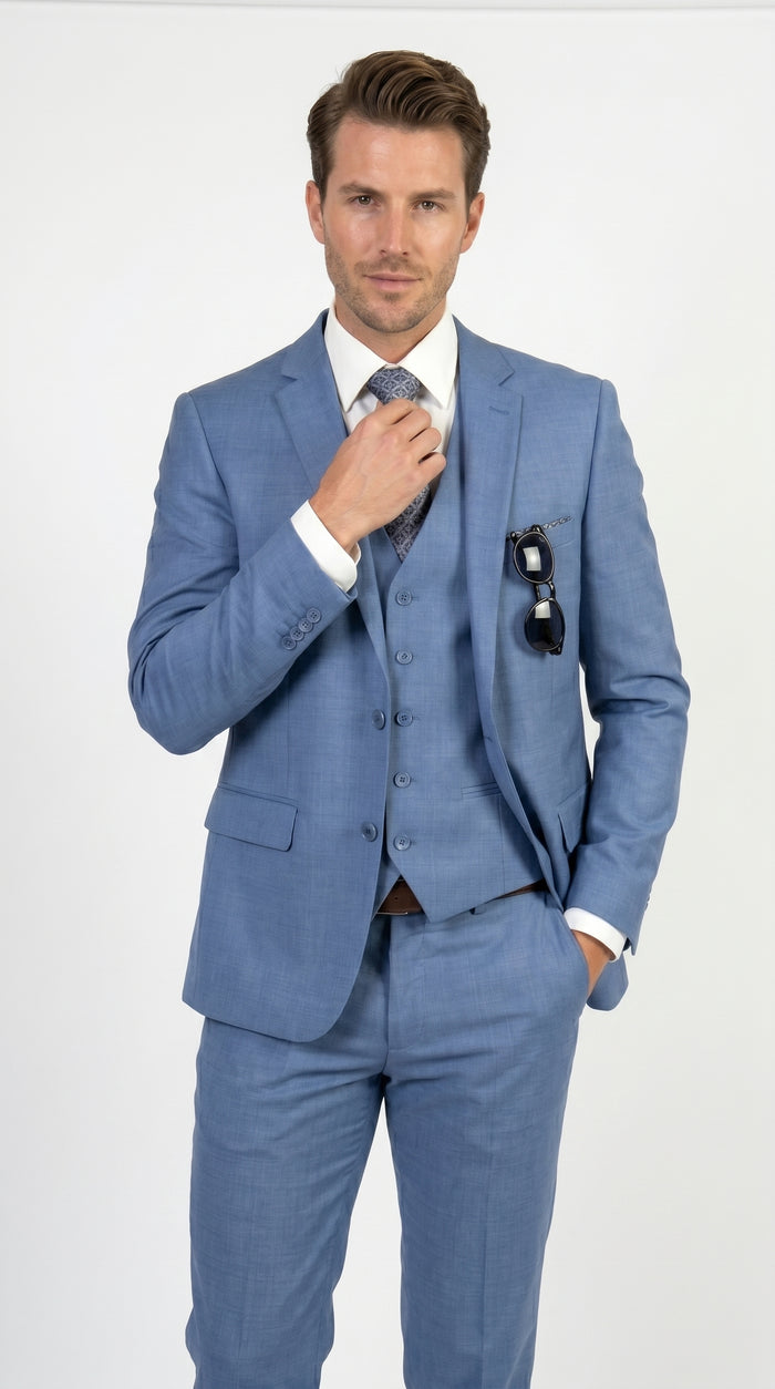Men’s Ice Blue 3 Piece Suit with Vest, Formal Wedding Prom Dress Suit Modern Fit