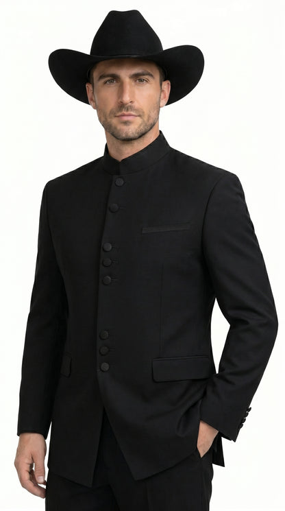 Men’s Apollo King Black 2 Piece Nehru Style Suit with Mandarin Collar, Formal Banded Collar Suit Modern Fit