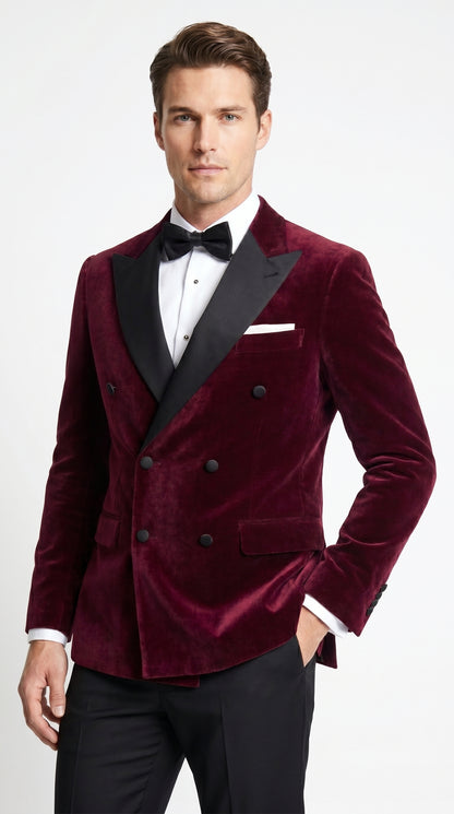 Men’s Burgundy Velvet Tuxedo, Slim Fit Double Breasted Formal Tuxedo Suit for Wedding, Prom and Groom Wear