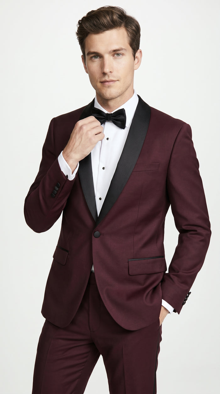 Men’s Maroon Slim Fit Tuxedo with Black Satin Lapel, Burgundy Wine Formal Prom Suit
