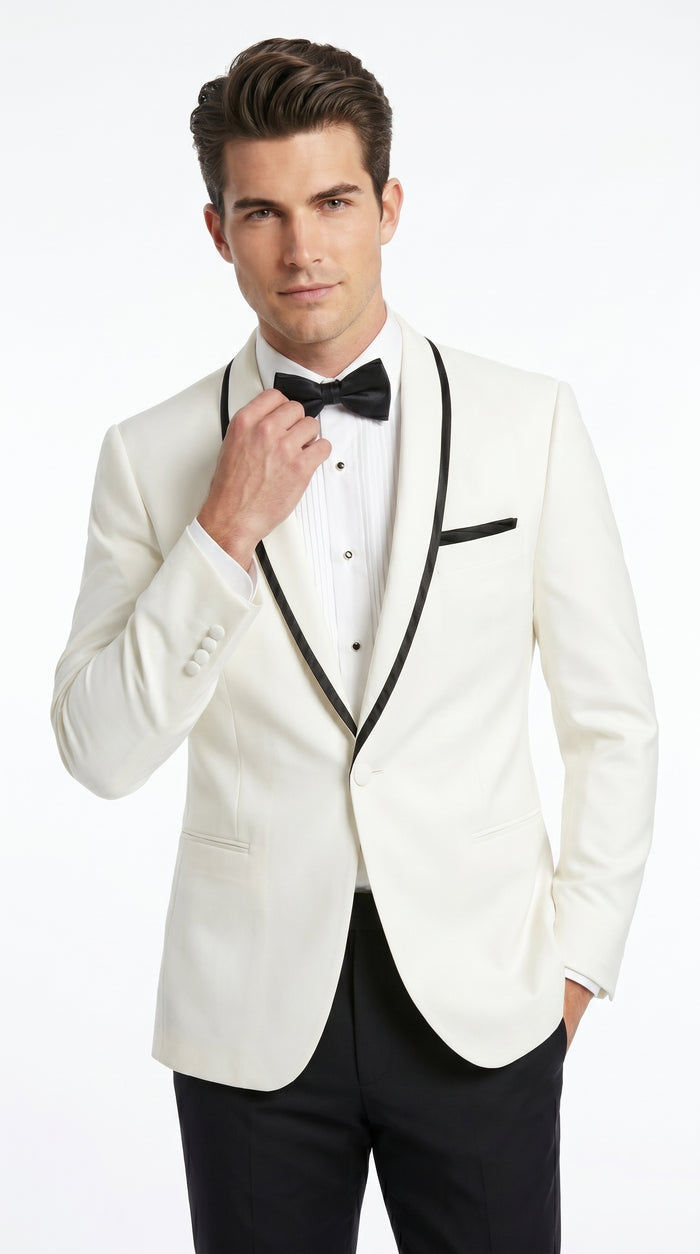 Men’s One Button Ivory Tuxedo Suit with Black Trim, Formal Wedding Prom Dinner Jacket