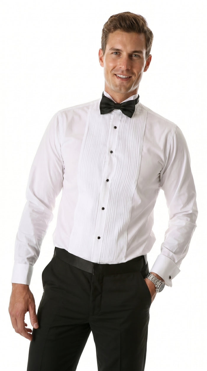 Men’s Max White Slim Fit Wing Tip Collar Pleated Tuxedo Shirt, Formal Dress Shirt