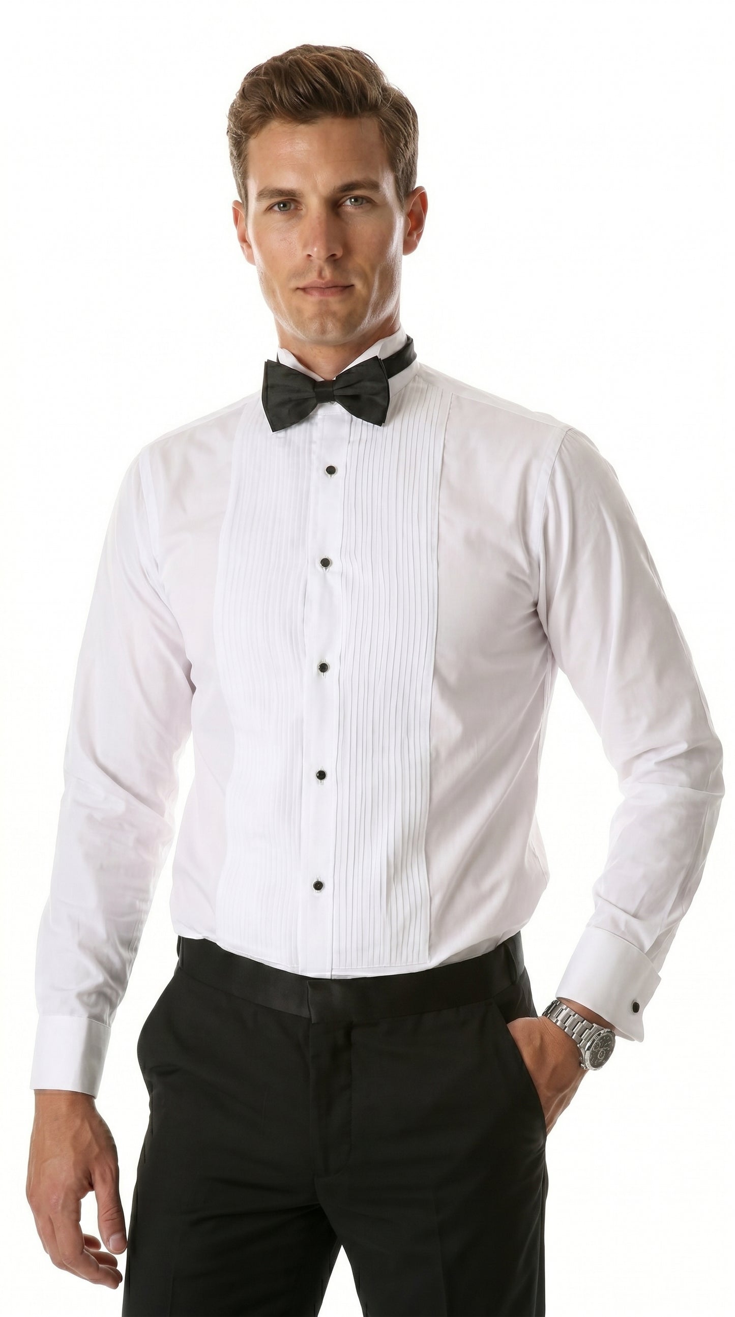 Men’s Max White Slim Fit Wing Tip Collar Pleated Tuxedo Shirt, Formal Dress Shirt