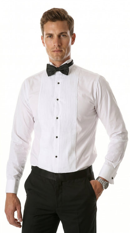 Men’s Max White Slim Fit Wing Tip Collar Pleated Tuxedo Shirt, Formal Dress Shirt