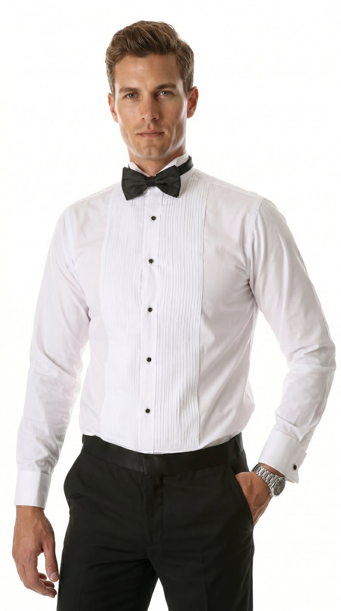 Men’s Max White Slim Fit Wing Tip Collar Pleated Tuxedo Shirt, Formal Dress Shirt