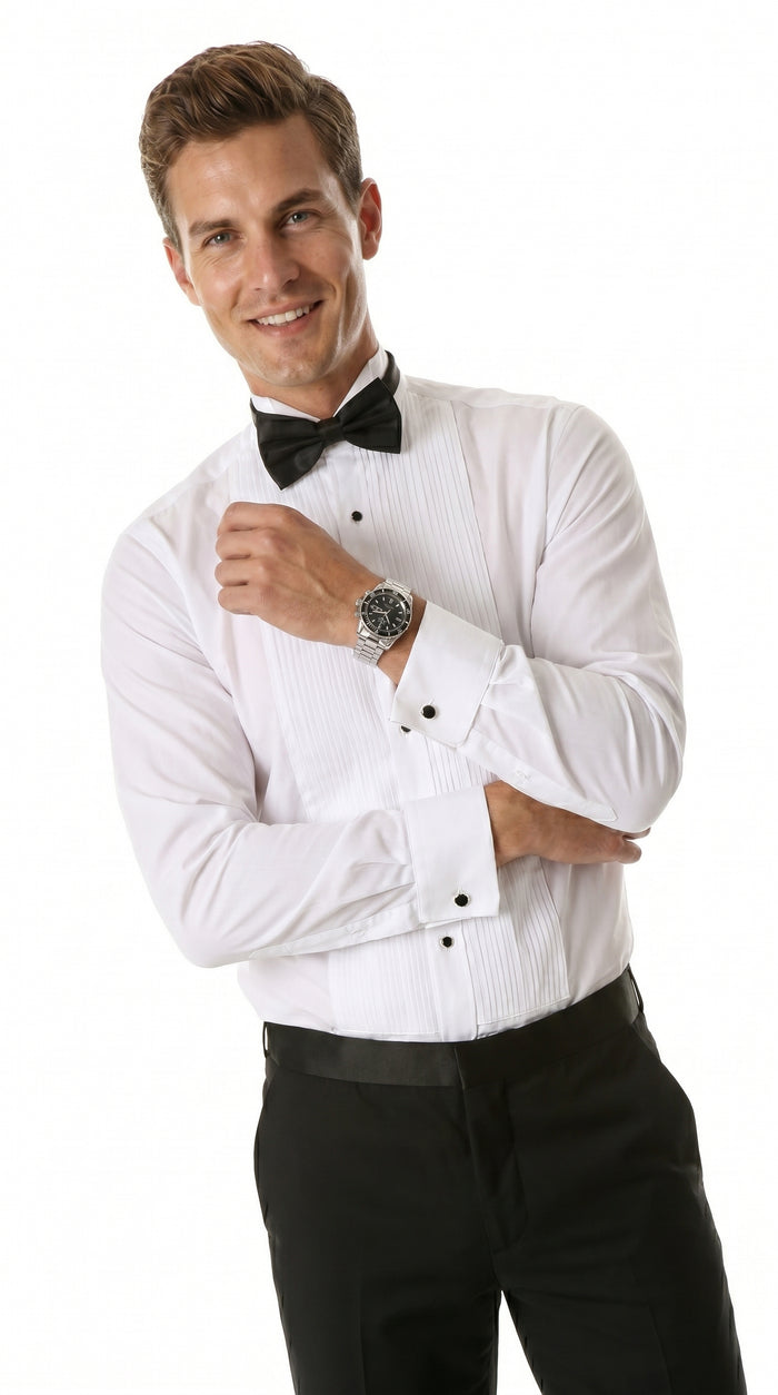 Men’s Max White Slim Fit Wing Tip Collar Pleated Tuxedo Shirt, Formal Dress Shirt