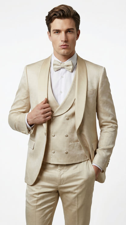 Men’s Tan Floral Shawl Lapel Tuxedo Set, Wedding and Prom Formal Suit