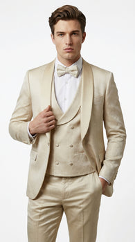 Men’s Tan Floral Shawl Lapel Tuxedo Set, Wedding and Prom Formal Suit
