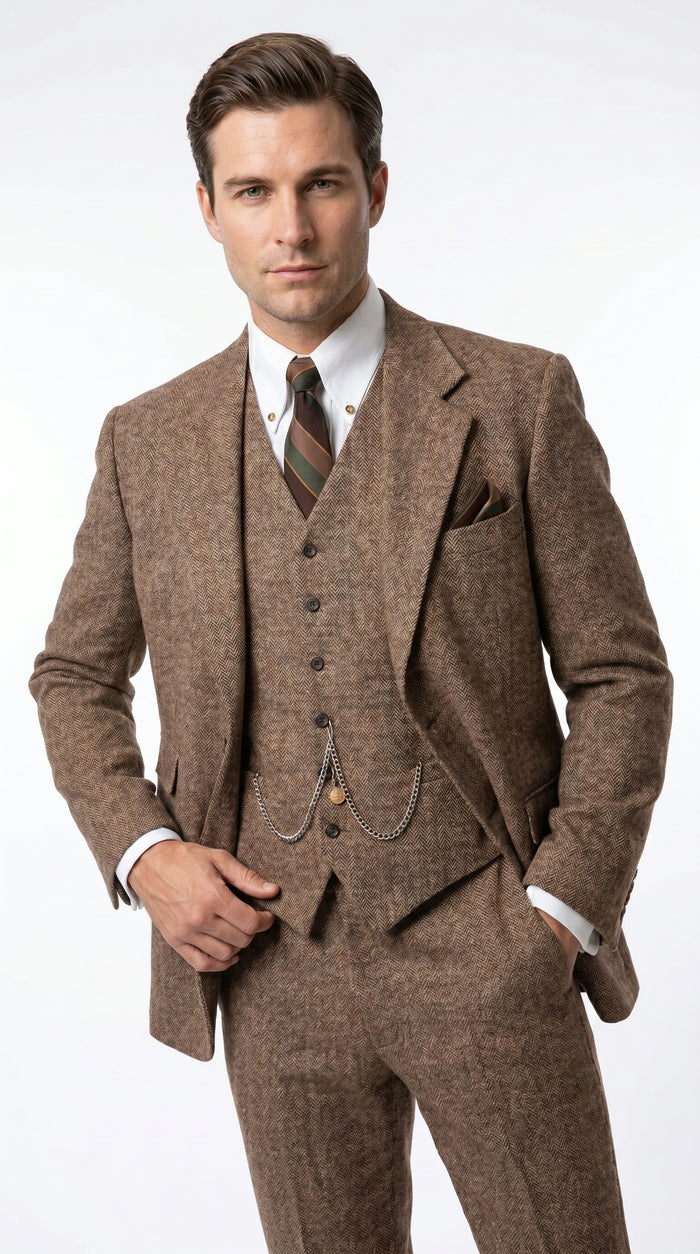 Men’s Light Brown Great Gatsby Tweed Herringbone Vested Suit, Tobey Maguire Inspired 1920s Formal Outfit Modern Fit