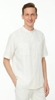 Men’s White Banded Collar 2 Piece Linen Walking Suit, Short Sleeve Shirt and Pants Set