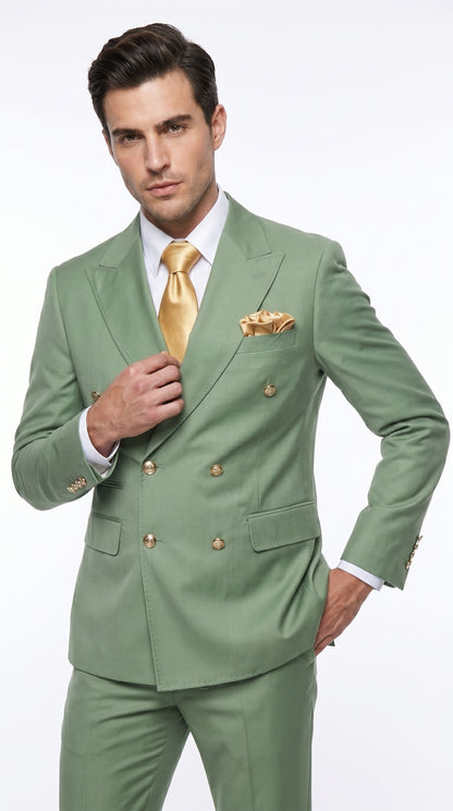 Rossiman Men’s Sage Green Double Breasted Suit with Gold Buttons, Slim Fit Lightweight Summer Suit