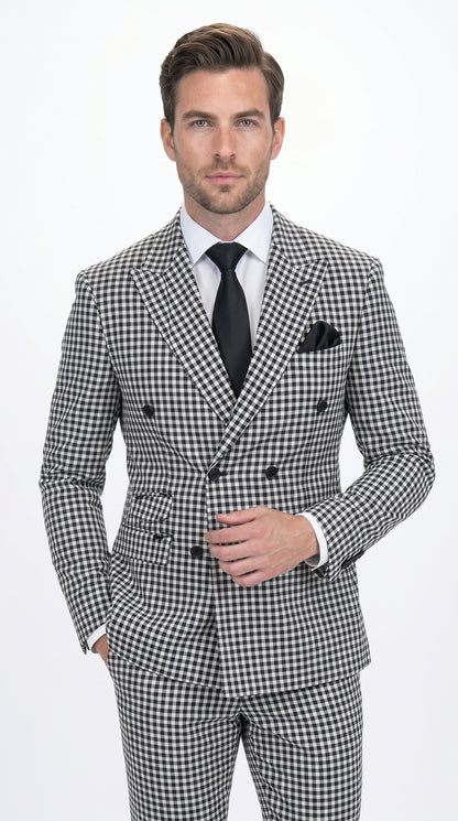 Men’s Black & White Houndstooth Double Breasted Wool Suit – 2 Piece Peak Lapel Suit Modern Fit