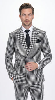 Men’s Black & White Houndstooth Double Breasted Wool Suit – 2 Piece Modern Fit Peak Lapel Suit