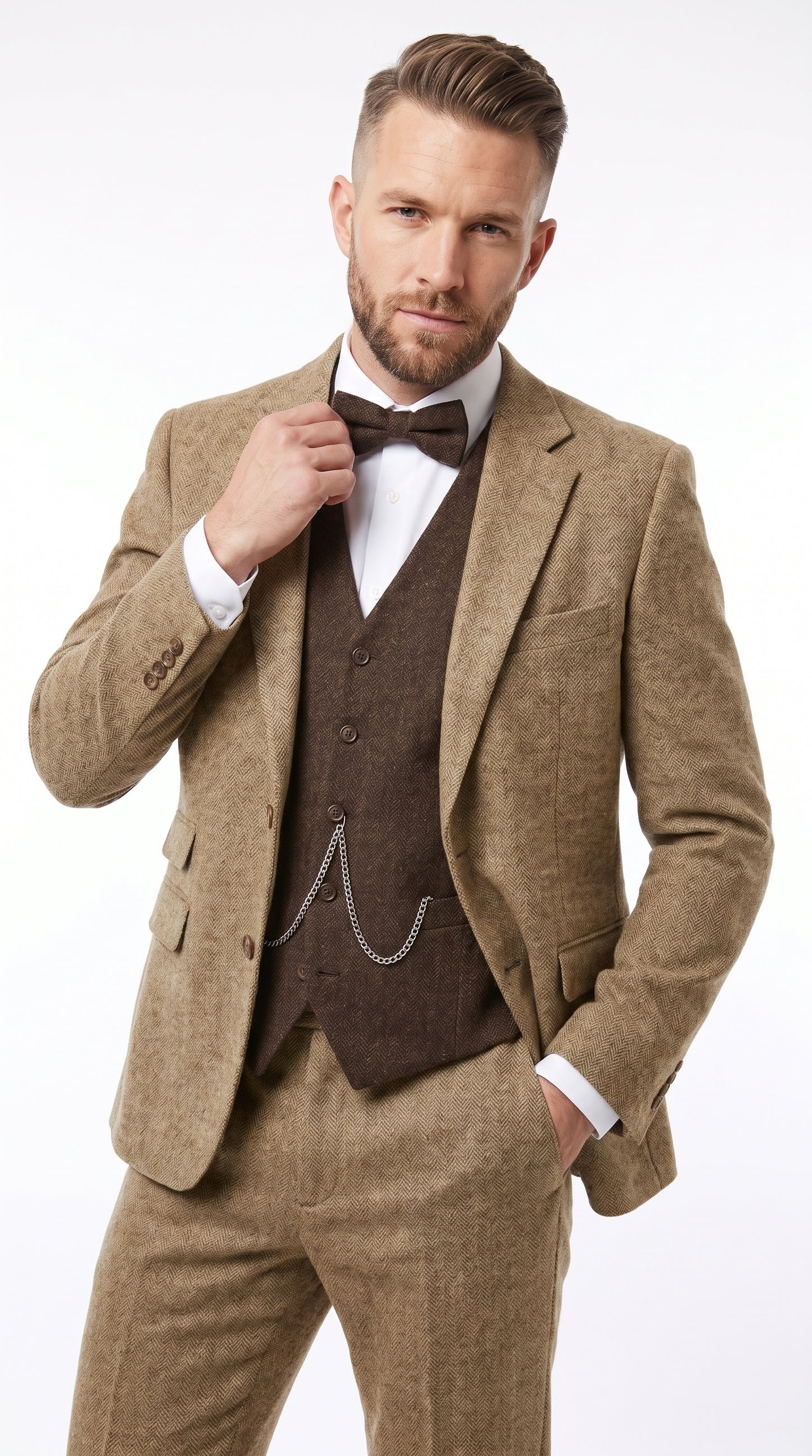Men’s Great Gatsby Tobey Maguire Inspired Tan Suit with Brown Vest, 1920s Costume Outfit