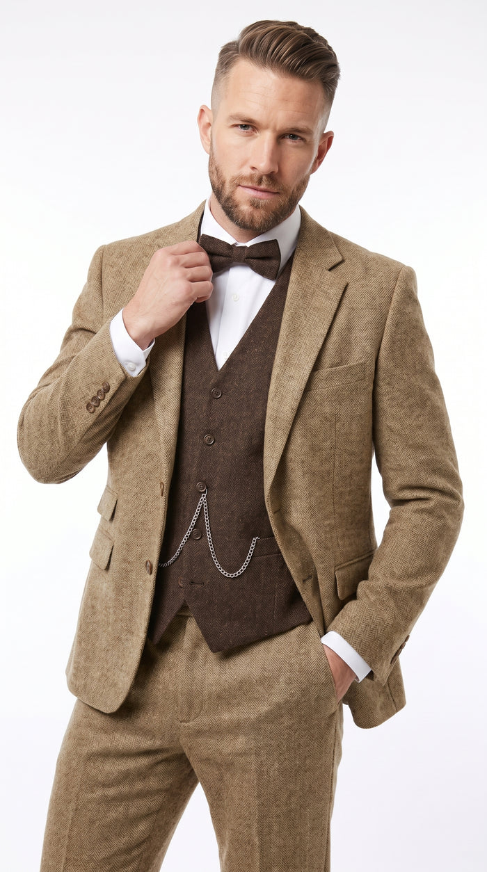 Men’s Great Gatsby Tobey Maguire Inspired Tan Suit with Brown Vest, 1920s Costume Outfit Modern Fit