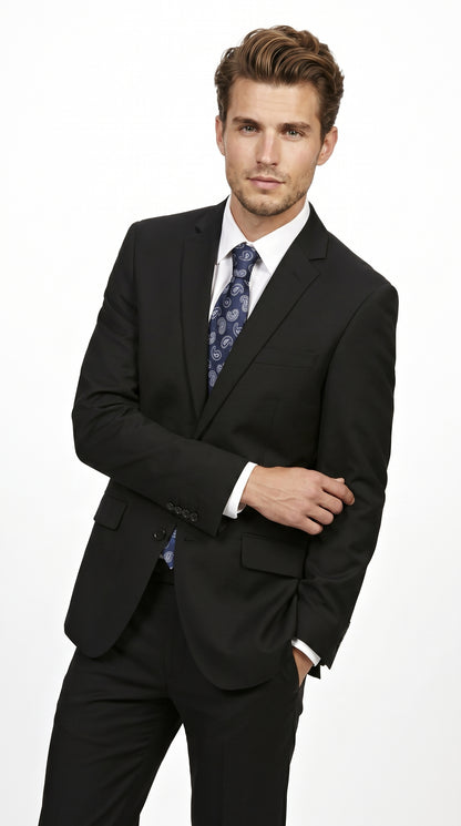 Men’s Black 2 Piece Slim Fit Business Suit with Wide Fish Cut Styling
