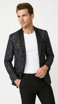 Men’s Navy Black Glitter Floral Tuxedo Dinner Jacket with Satin Lapel, Sequin Formal Blazer
