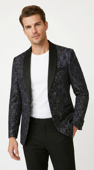 Men’s Navy Black Glitter Floral Tuxedo Dinner Jacket with Satin Lapel, Sequin Formal Blazer