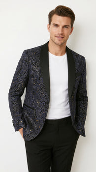 Men’s Navy Black Glitter Floral Tuxedo Dinner Jacket with Satin Lapel, Sequin Formal Blazer